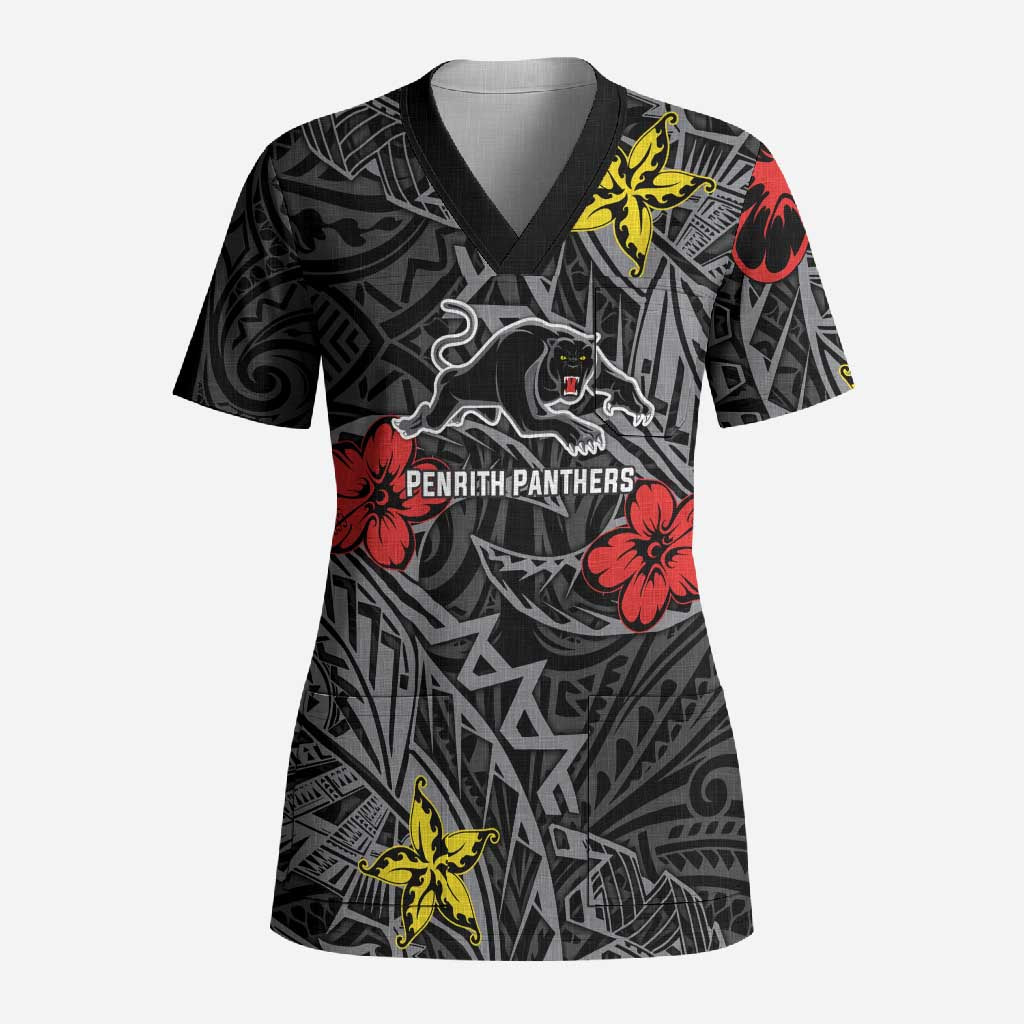 Personalised Penrith Panthers Scrub Top Polynesian Tribal Pattern With Rugby Panther Mascot Art