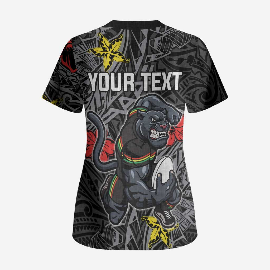 Personalised Penrith Panthers Scrub Top Polynesian Tribal Pattern With Rugby Panther Mascot Art