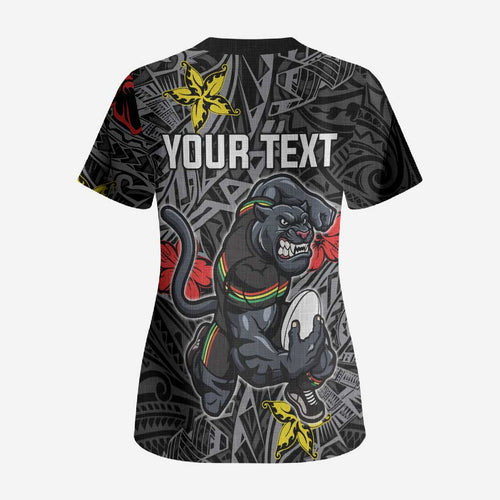 Personalised Penrith Panthers Scrub Top Polynesian Tribal Pattern With Rugby Panther Mascot Art