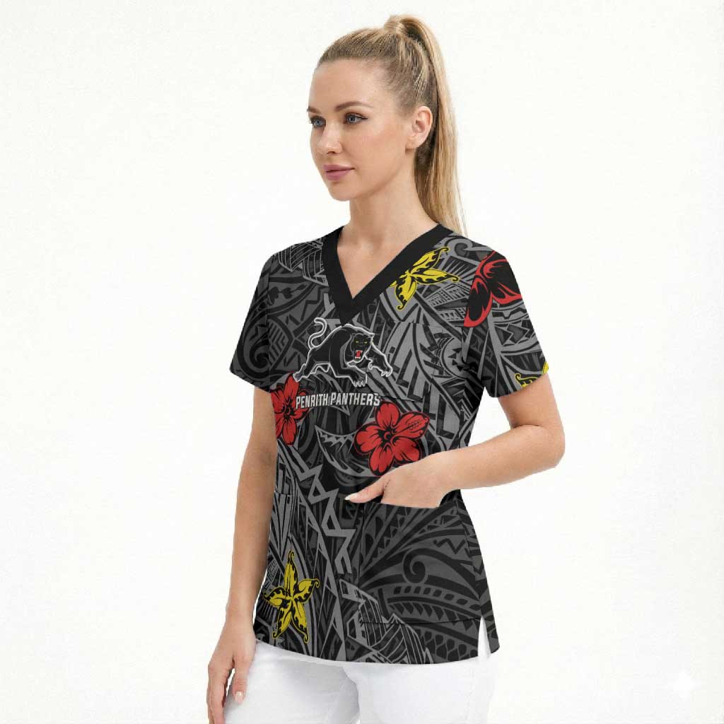 Personalised Penrith Panthers Scrub Top Polynesian Tribal Pattern With Rugby Panther Mascot Art