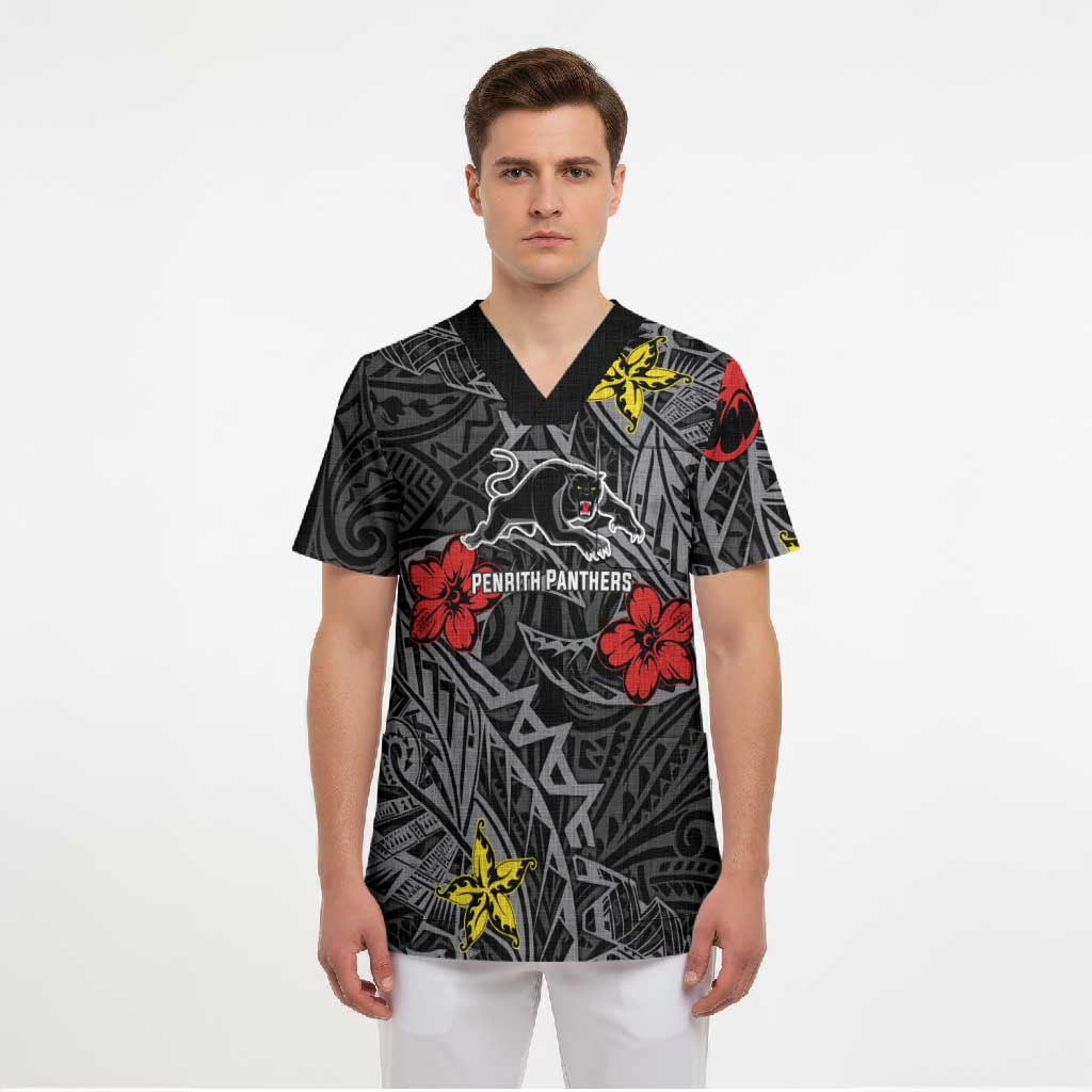 Personalised Penrith Panthers Scrub Top Polynesian Tribal Pattern With Rugby Panther Mascot Art