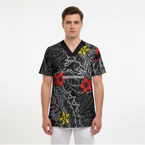 Personalised Penrith Panthers Scrub Top Polynesian Tribal Pattern With Rugby Panther Mascot Art