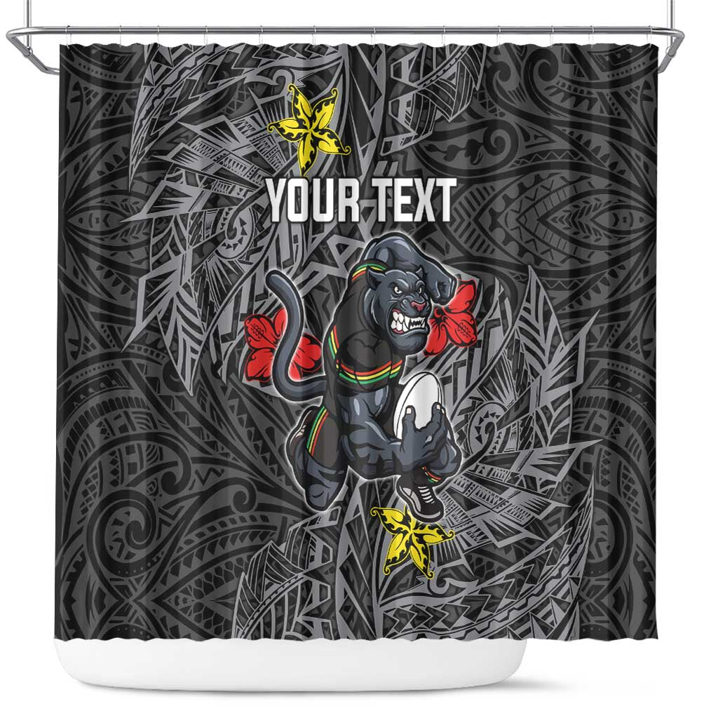 Personalised Penrith Panthers Shower Curtain Polynesian Tribal Pattern With Rugby Panther Mascot Art