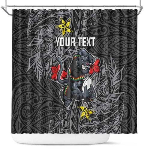 Personalised Penrith Panthers Shower Curtain Polynesian Tribal Pattern With Rugby Panther Mascot Art