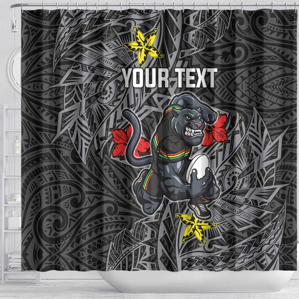 Personalised Penrith Panthers Shower Curtain Polynesian Tribal Pattern With Rugby Panther Mascot Art