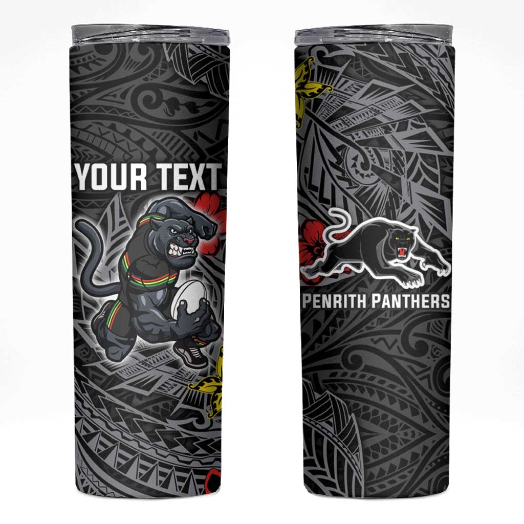 Personalised Penrith Panthers Skinny Tumbler Polynesian Tribal Pattern With Rugby Panther Mascot Art