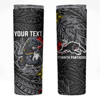 Personalised Penrith Panthers Skinny Tumbler Polynesian Tribal Pattern With Rugby Panther Mascot Art