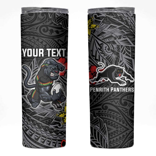 Personalised Penrith Panthers Skinny Tumbler Polynesian Tribal Pattern With Rugby Panther Mascot Art