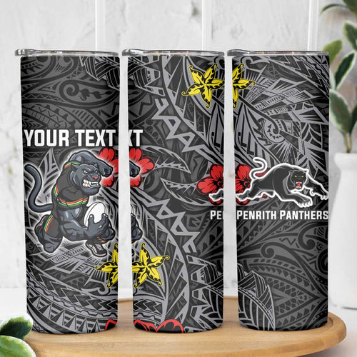 Personalised Penrith Panthers Skinny Tumbler Polynesian Tribal Pattern With Rugby Panther Mascot Art