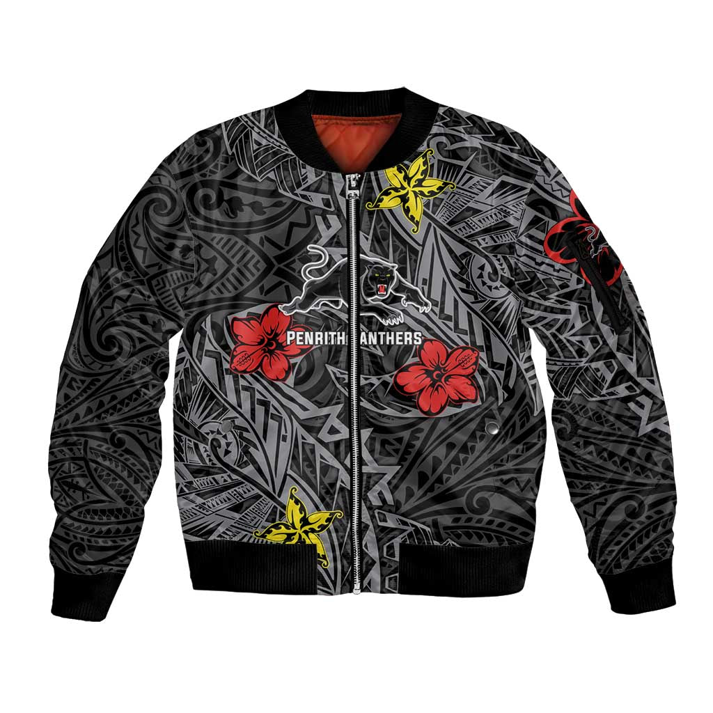 Personalised Penrith Panthers Sleeve Zip Bomber Jacket Polynesian Tribal Pattern With Rugby Panther Mascot Art