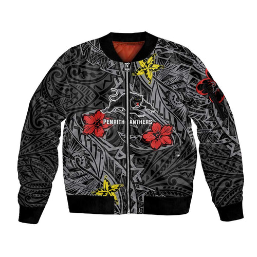 Personalised Penrith Panthers Sleeve Zip Bomber Jacket Polynesian Tribal Pattern With Rugby Panther Mascot Art