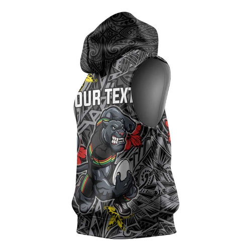 Personalised Penrith Panthers Sleeveless Hoodie Polynesian Tribal Pattern With Rugby Panther Mascot Art