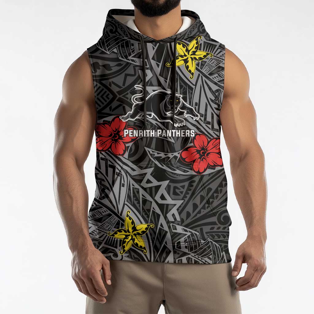Personalised Penrith Panthers Sleeveless Hoodie Polynesian Tribal Pattern With Rugby Panther Mascot Art