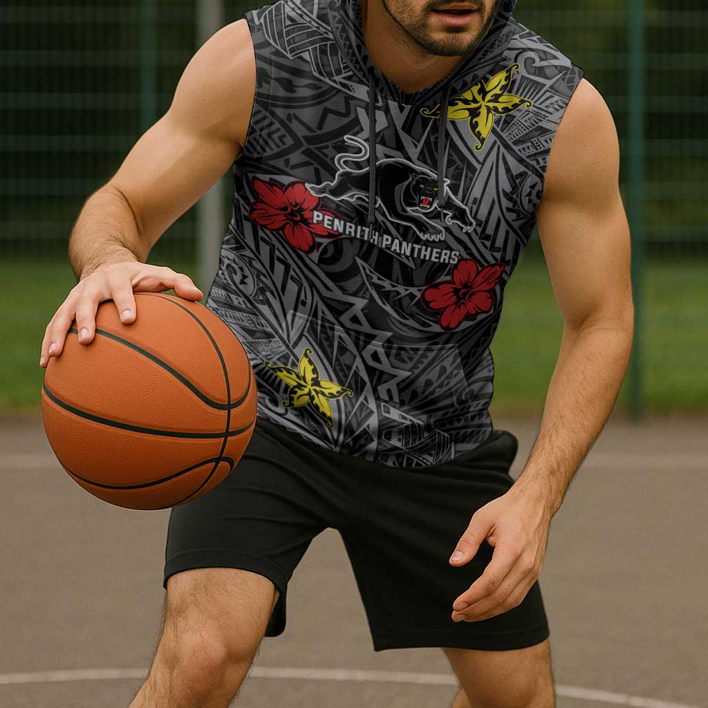 Personalised Penrith Panthers Sleeveless Hoodie Polynesian Tribal Pattern With Rugby Panther Mascot Art