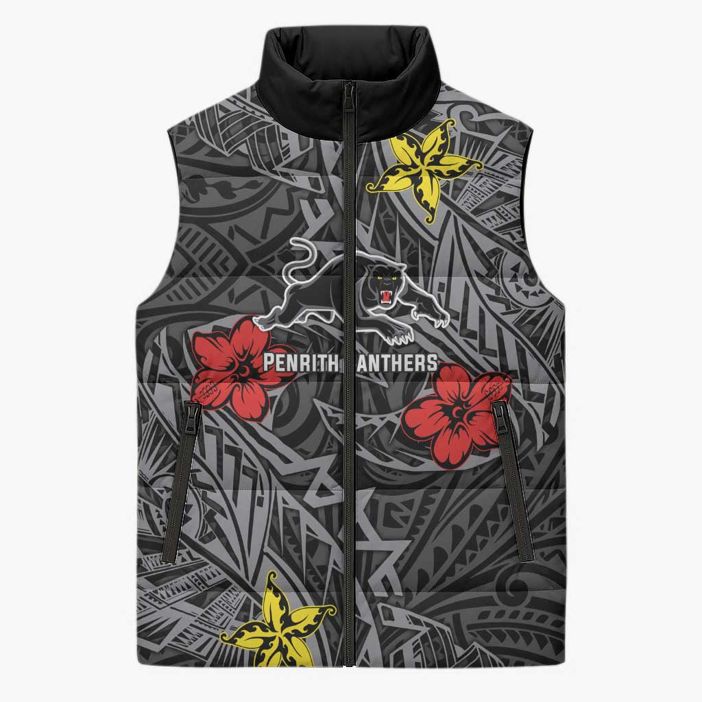 Personalised Penrith Panthers Sleeveless Puffer Jacket Polynesian Tribal Pattern With Rugby Panther Mascot Art