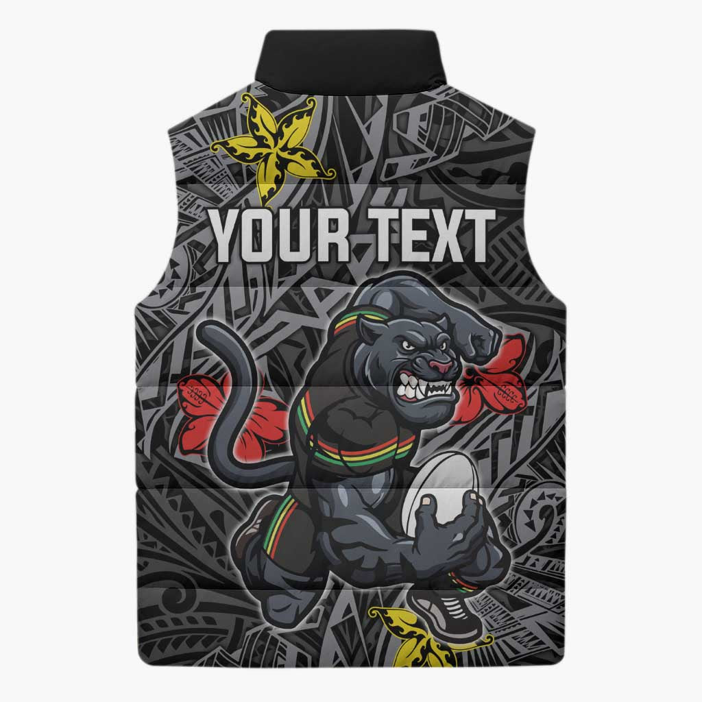 Personalised Penrith Panthers Sleeveless Puffer Jacket Polynesian Tribal Pattern With Rugby Panther Mascot Art