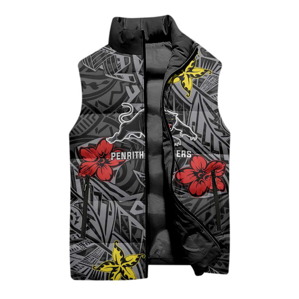 Personalised Penrith Panthers Sleeveless Puffer Jacket Polynesian Tribal Pattern With Rugby Panther Mascot Art