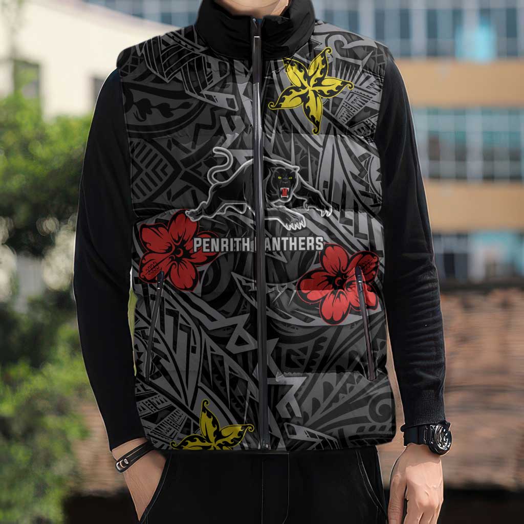 Personalised Penrith Panthers Sleeveless Puffer Jacket Polynesian Tribal Pattern With Rugby Panther Mascot Art
