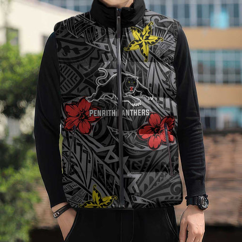 Personalised Penrith Panthers Sleeveless Puffer Jacket Polynesian Tribal Pattern With Rugby Panther Mascot Art