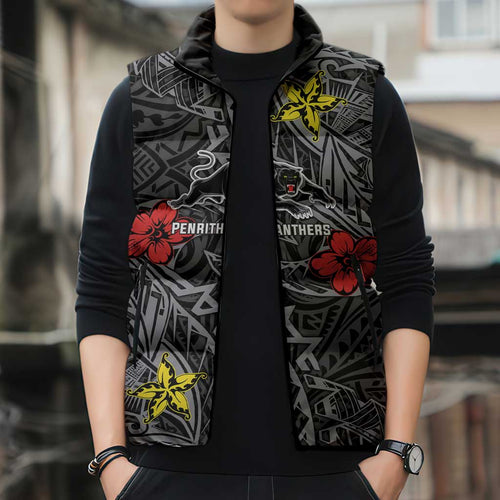 Personalised Penrith Panthers Sleeveless Puffer Jacket Polynesian Tribal Pattern With Rugby Panther Mascot Art