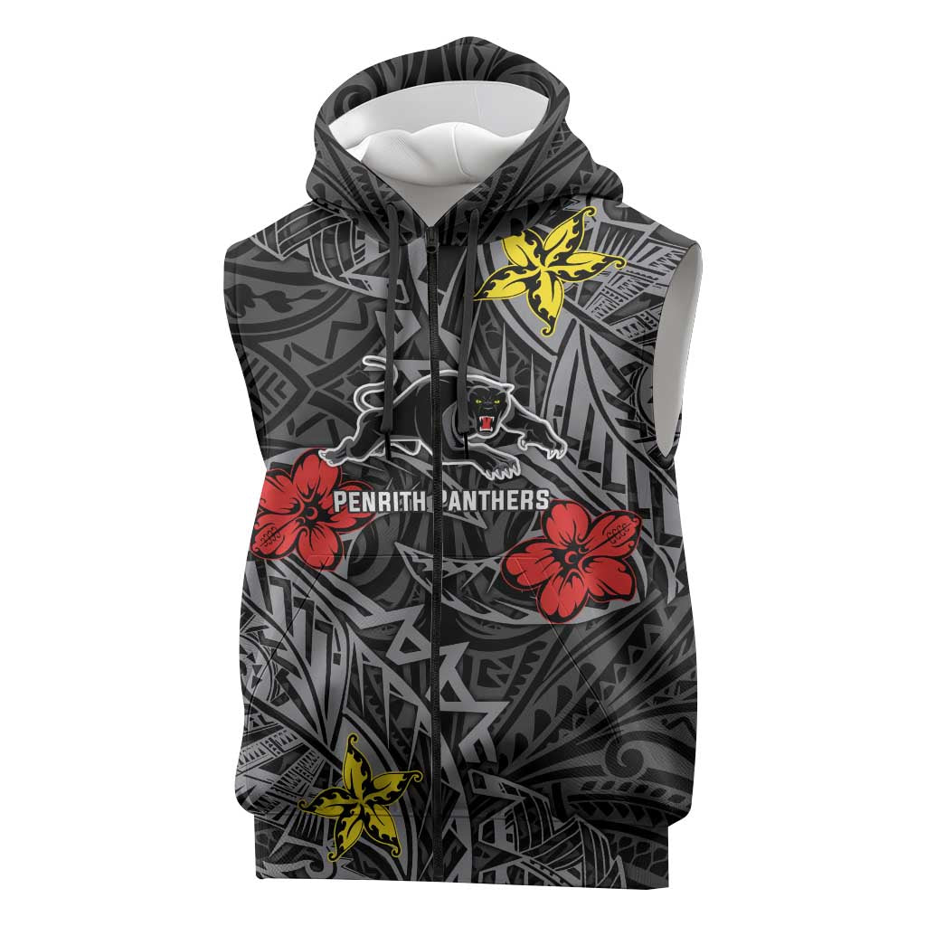 Personalised Penrith Panthers Sleeveless Zip Hoodie Polynesian Tribal Pattern With Rugby Panther Mascot Art