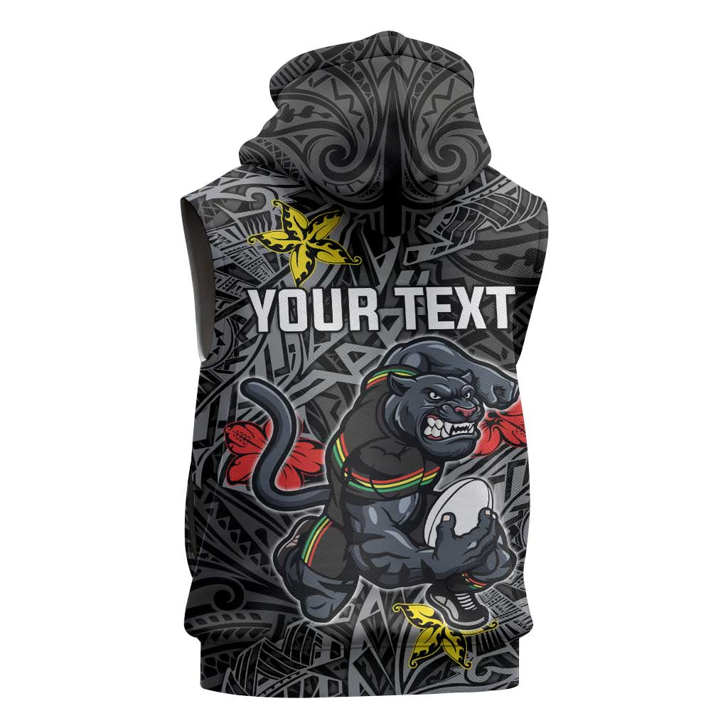 Personalised Penrith Panthers Sleeveless Zip Hoodie Polynesian Tribal Pattern With Rugby Panther Mascot Art