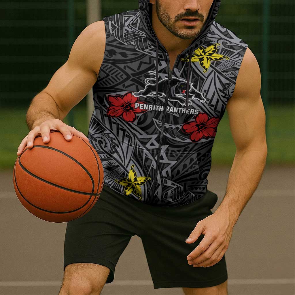 Personalised Penrith Panthers Sleeveless Zip Hoodie Polynesian Tribal Pattern With Rugby Panther Mascot Art