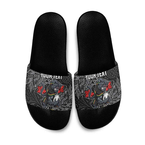 Personalised Penrith Panthers Slide Sandals Polynesian Tribal Pattern With Rugby Panther Mascot Art