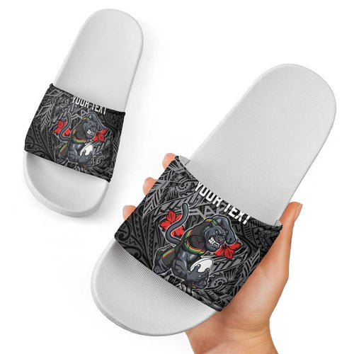 Personalised Penrith Panthers Slide Sandals Polynesian Tribal Pattern With Rugby Panther Mascot Art
