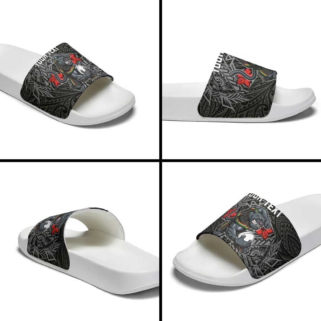 Personalised Penrith Panthers Slide Sandals Polynesian Tribal Pattern With Rugby Panther Mascot Art