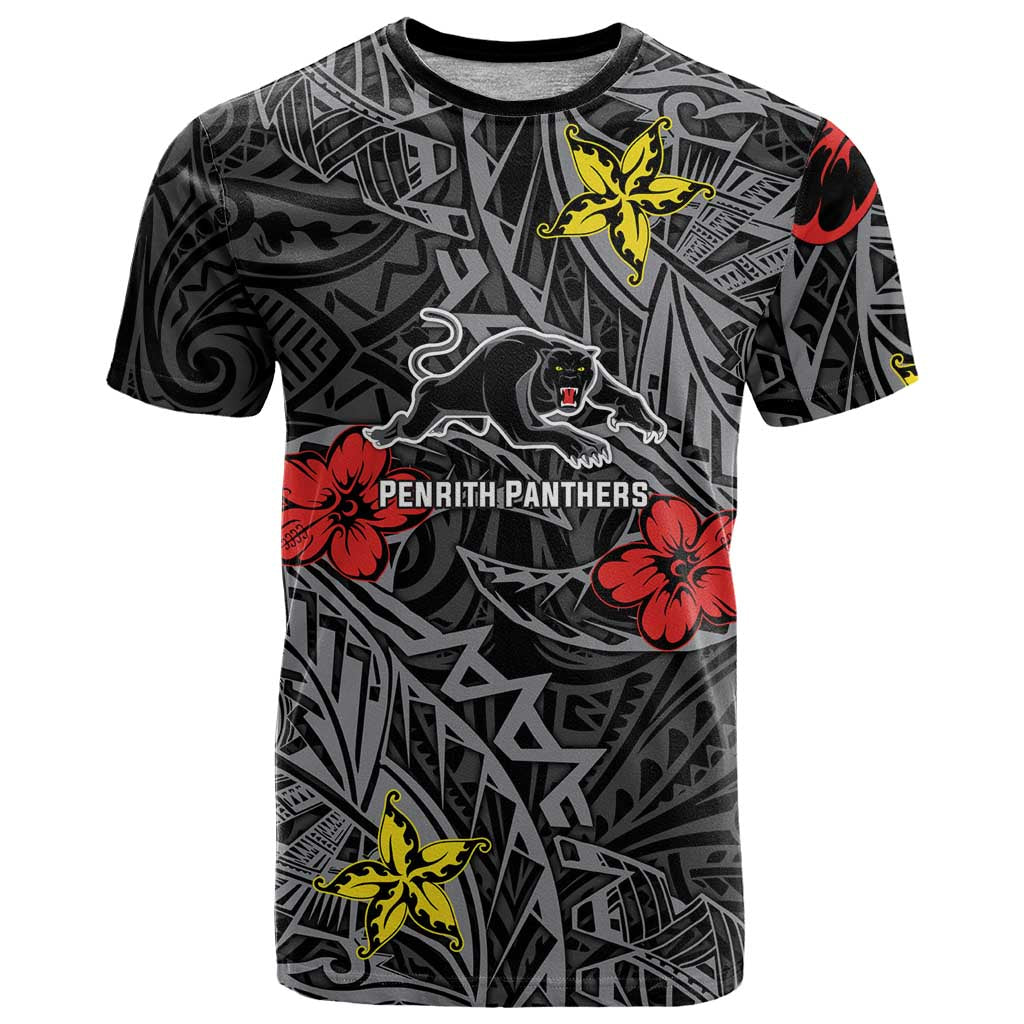 Personalised Penrith Panthers T Shirt Polynesian Tribal Pattern With Rugby Panther Mascot Art