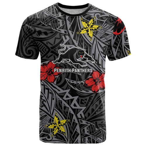 Personalised Penrith Panthers T Shirt Polynesian Tribal Pattern With Rugby Panther Mascot Art