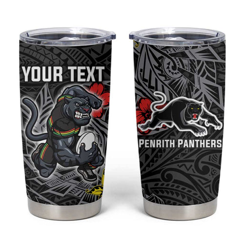 Personalised Penrith Panthers Tumbler Cup Polynesian Tribal Pattern With Rugby Panther Mascot Art