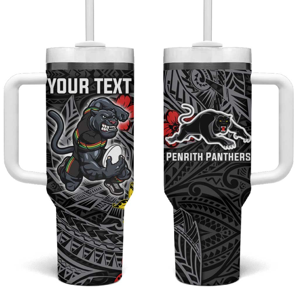 Personalised Penrith Panthers Tumbler With Handle Polynesian Tribal Pattern With Rugby Panther Mascot Art