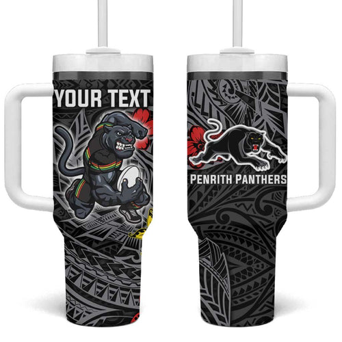 Personalised Penrith Panthers Tumbler With Handle Polynesian Tribal Pattern With Rugby Panther Mascot Art