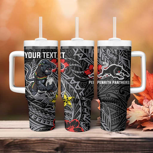 Personalised Penrith Panthers Tumbler With Handle Polynesian Tribal Pattern With Rugby Panther Mascot Art
