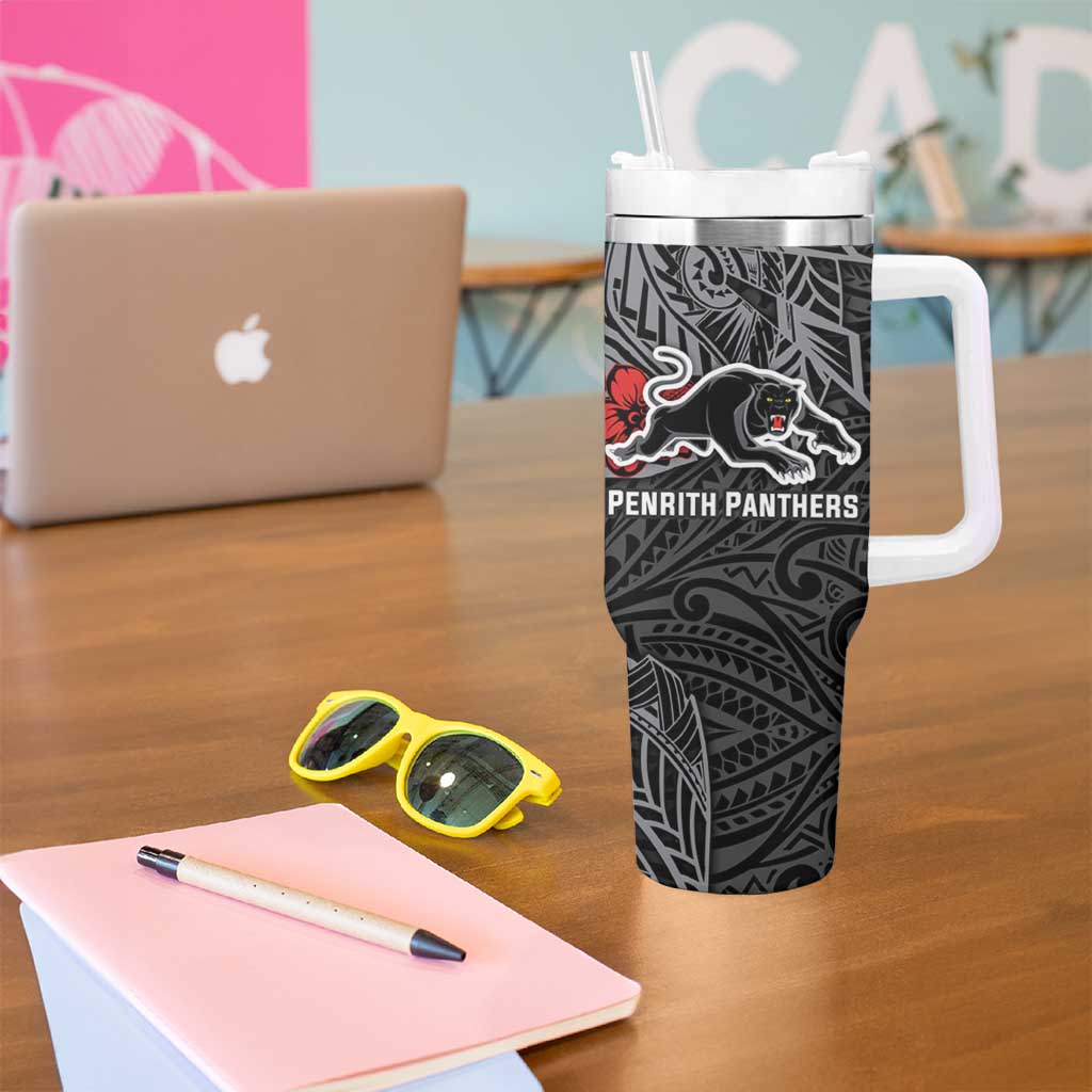 Personalised Penrith Panthers Tumbler With Handle Polynesian Tribal Pattern With Rugby Panther Mascot Art
