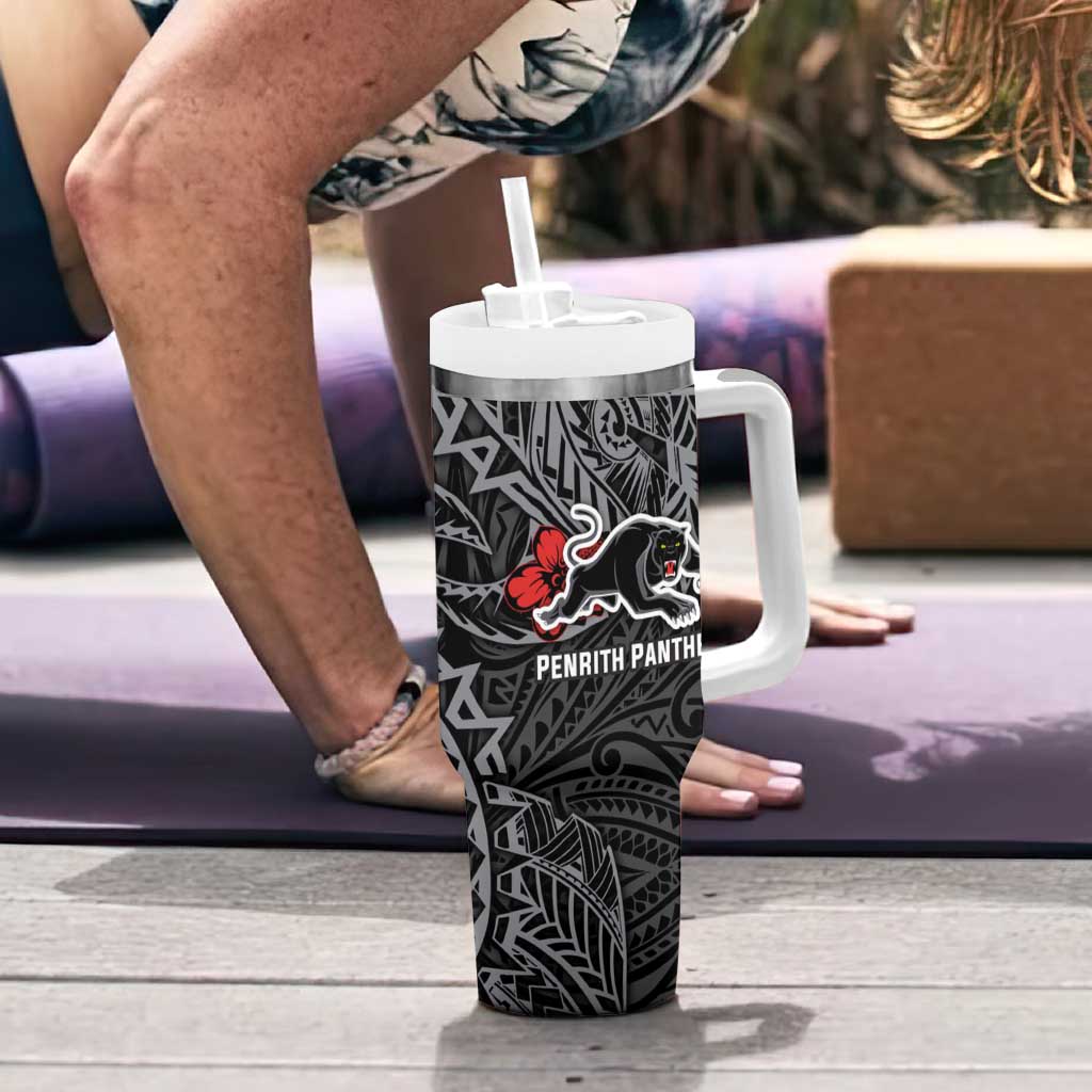 Personalised Penrith Panthers Tumbler With Handle Polynesian Tribal Pattern With Rugby Panther Mascot Art