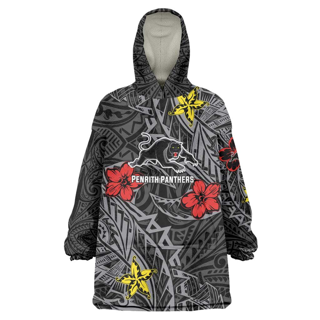 Personalised Penrith Panthers Wearable Blanket Hoodie Polynesian Tribal Pattern With Rugby Panther Mascot Art