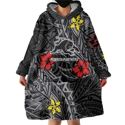 Personalised Penrith Panthers Wearable Blanket Hoodie Polynesian Tribal Pattern With Rugby Panther Mascot Art