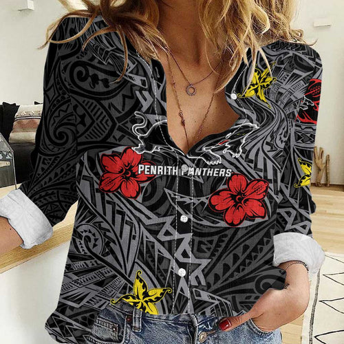 Personalised Penrith Panthers Women Casual Shirt Polynesian Tribal Pattern With Rugby Panther Mascot Art