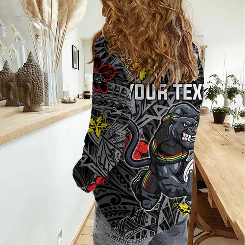 Personalised Penrith Panthers Women Casual Shirt Polynesian Tribal Pattern With Rugby Panther Mascot Art