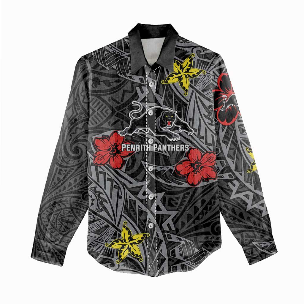 Personalised Penrith Panthers Women Casual Shirt Polynesian Tribal Pattern With Rugby Panther Mascot Art