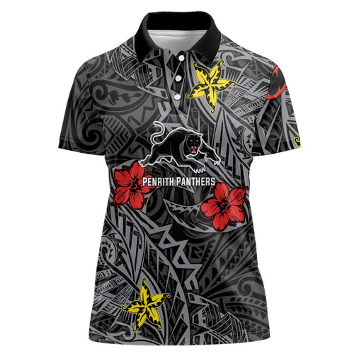 Personalised Penrith Panthers Women Polo Shirt Polynesian Tribal Pattern With Rugby Panther Mascot Art