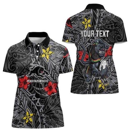 Personalised Penrith Panthers Women Polo Shirt Polynesian Tribal Pattern With Rugby Panther Mascot Art