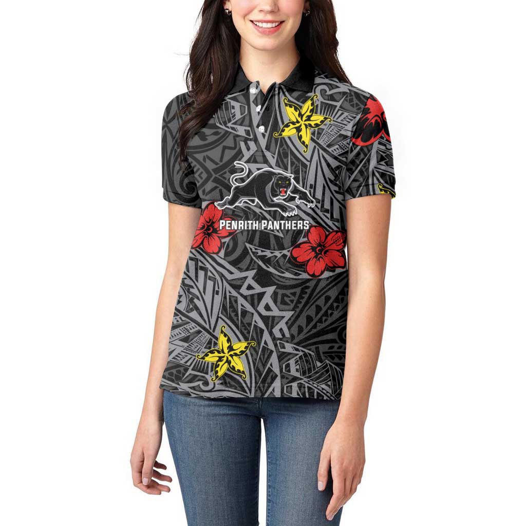 Personalised Penrith Panthers Women Polo Shirt Polynesian Tribal Pattern With Rugby Panther Mascot Art