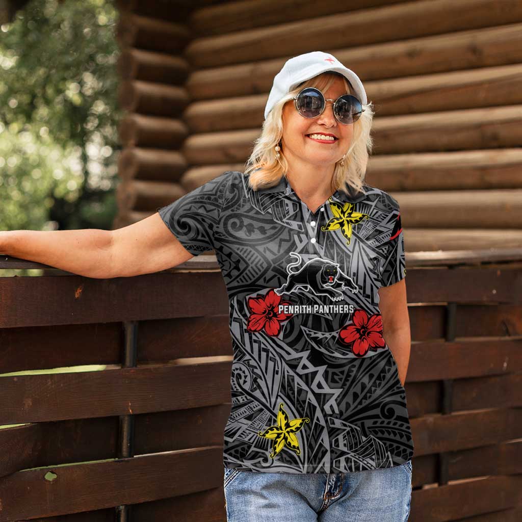 Personalised Penrith Panthers Women Polo Shirt Polynesian Tribal Pattern With Rugby Panther Mascot Art