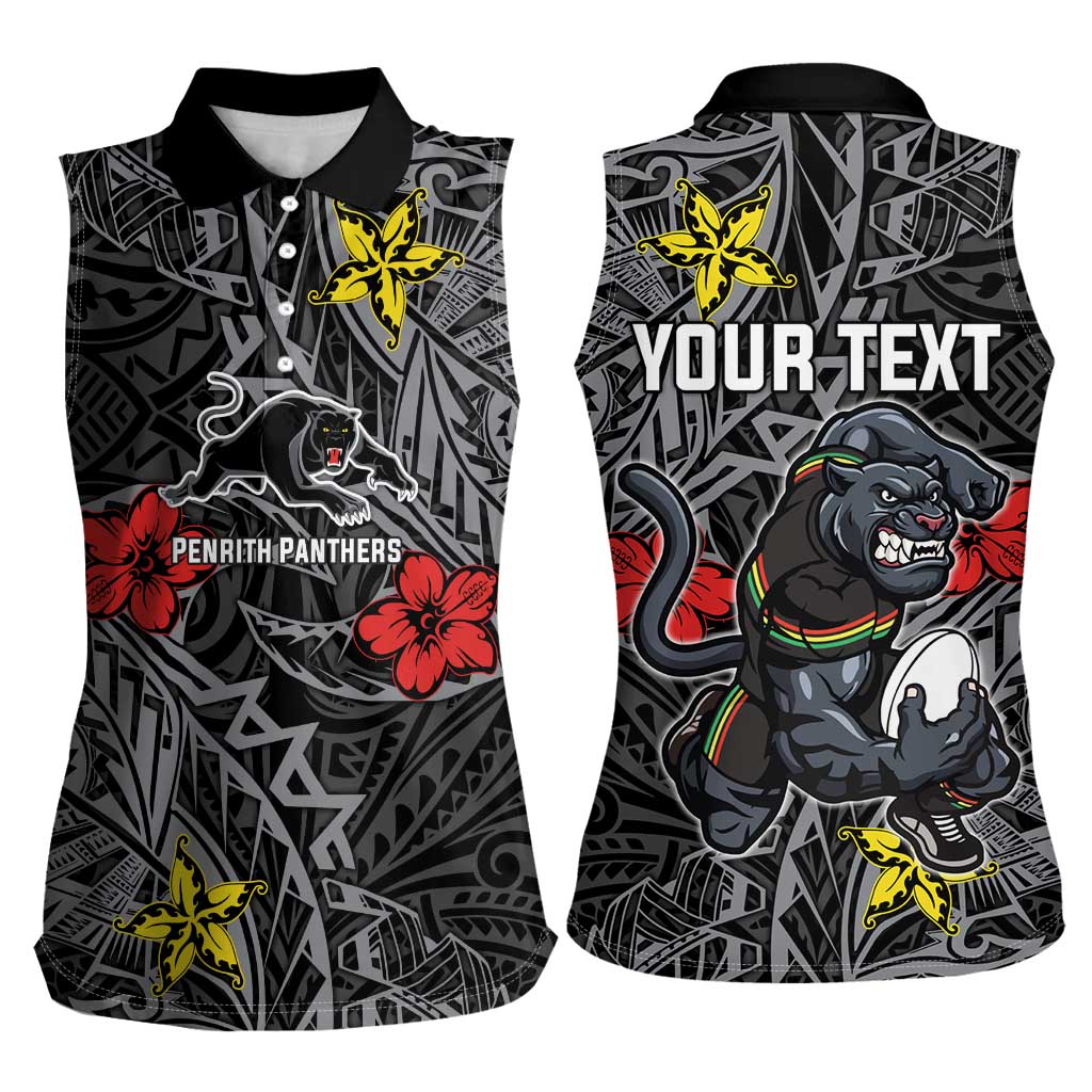 Personalised Penrith Panthers Women Sleeveless Polo Shirt Polynesian Tribal Pattern With Rugby Panther Mascot Art