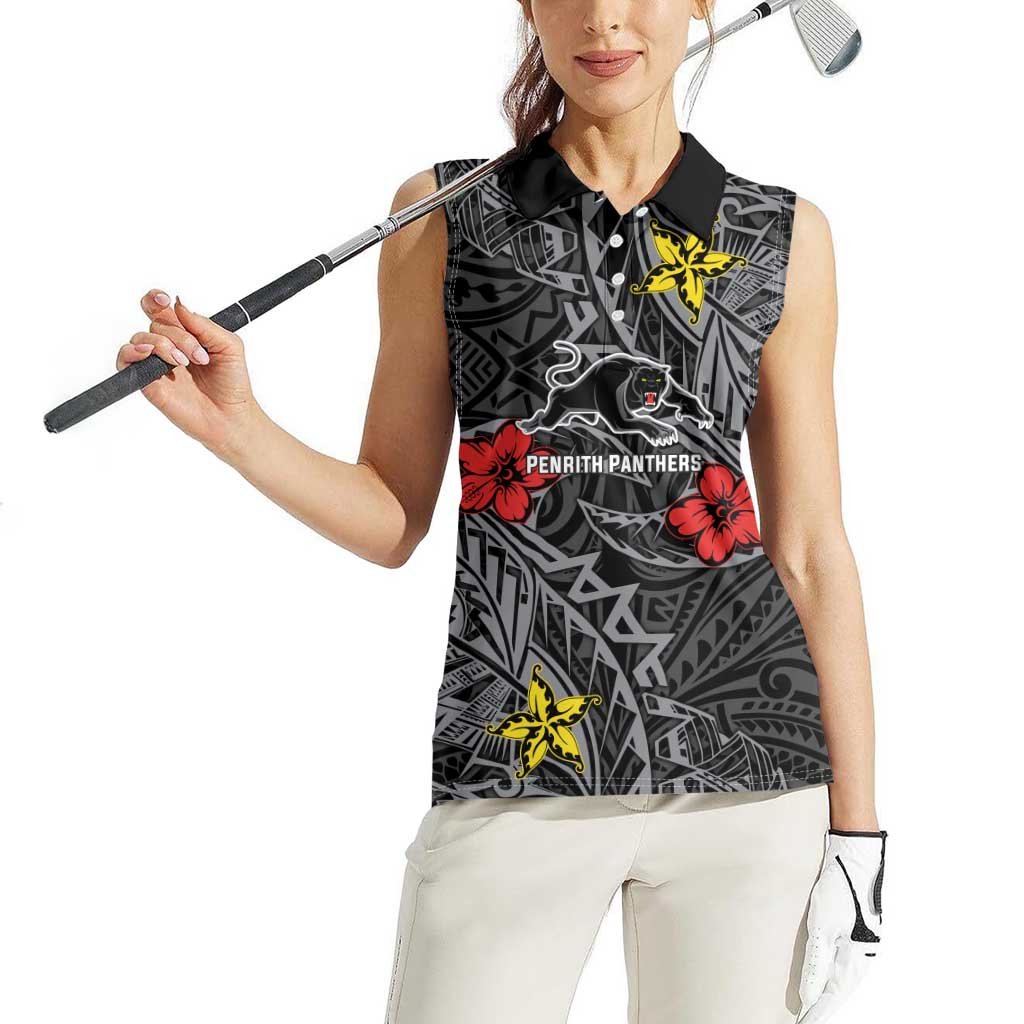Personalised Penrith Panthers Women Sleeveless Polo Shirt Polynesian Tribal Pattern With Rugby Panther Mascot Art