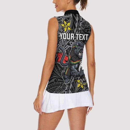 Personalised Penrith Panthers Women Sleeveless Polo Shirt Polynesian Tribal Pattern With Rugby Panther Mascot Art
